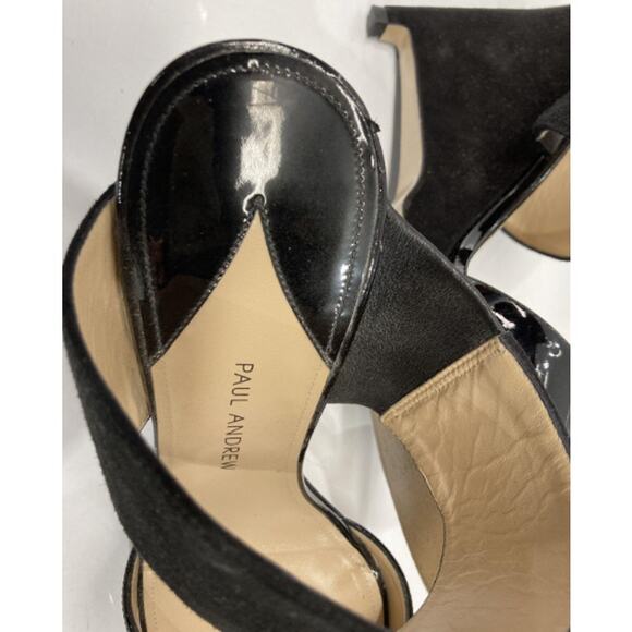 Paul Andrew Black Open Toe Patent Velvet Wedge Sandals - Picture 13 of 14